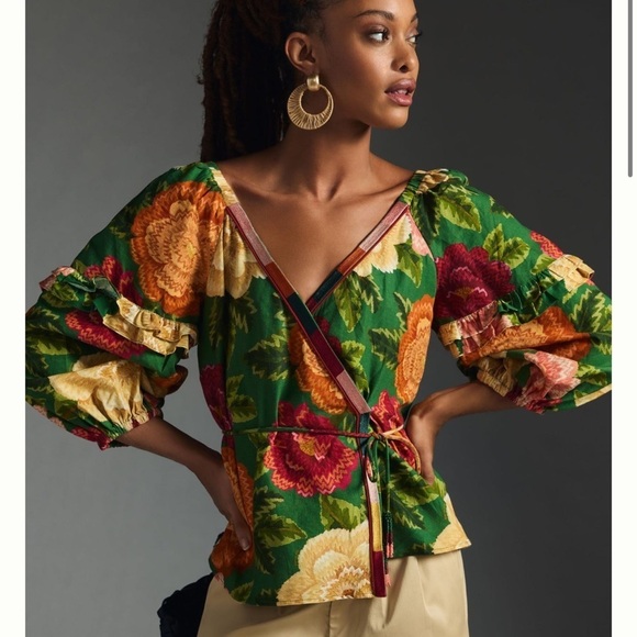 FARM Rio Tops - Farm Rio x Anthropologie puff sleeve ruffle wrap top